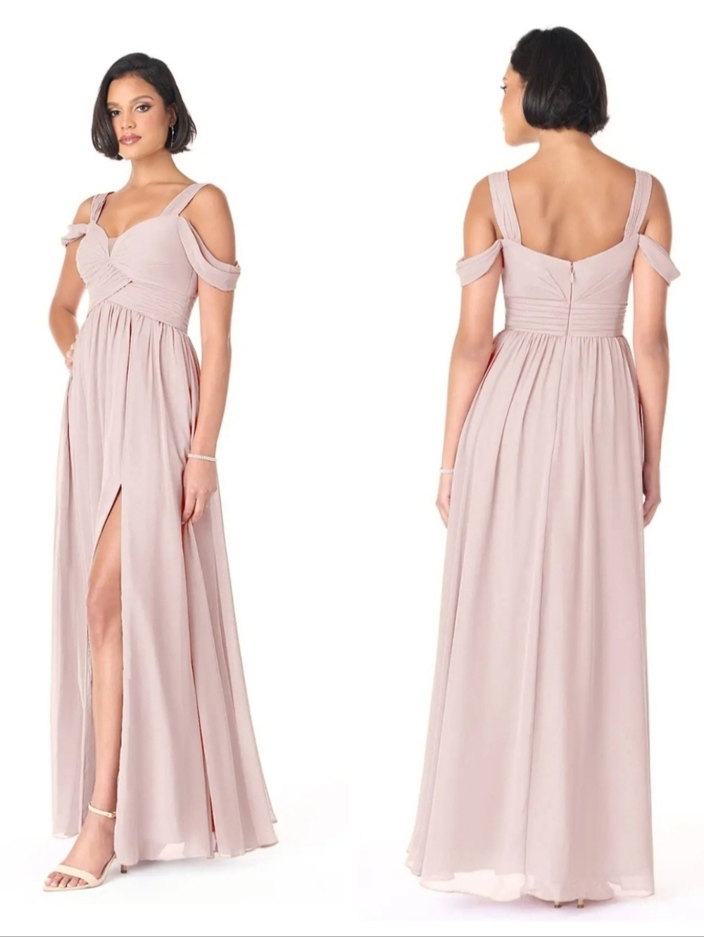 Azazie Lianne Blushing Pink A-Line Off the Shoulder Chiffon Dress